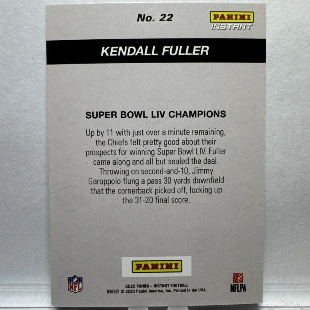 2020 Panini Instant Chiefs Super Bowl Kendall Fuller #22 NFL Card